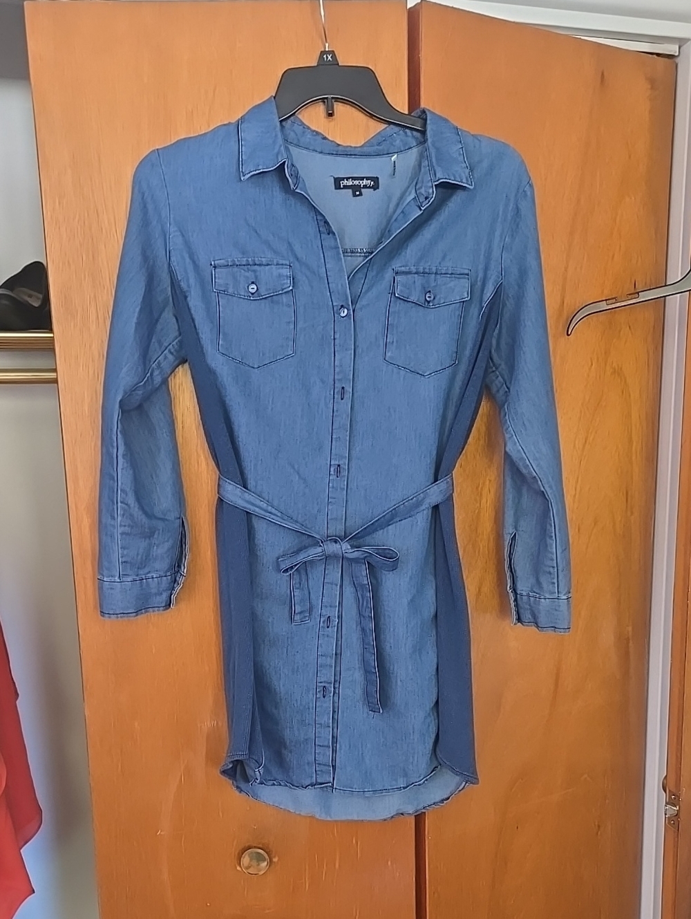 Philosophy Chambray Shirt Midi Dress in Blue with Waist Tie